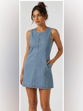 Sleeveless Light Blue Denim Shift Dress